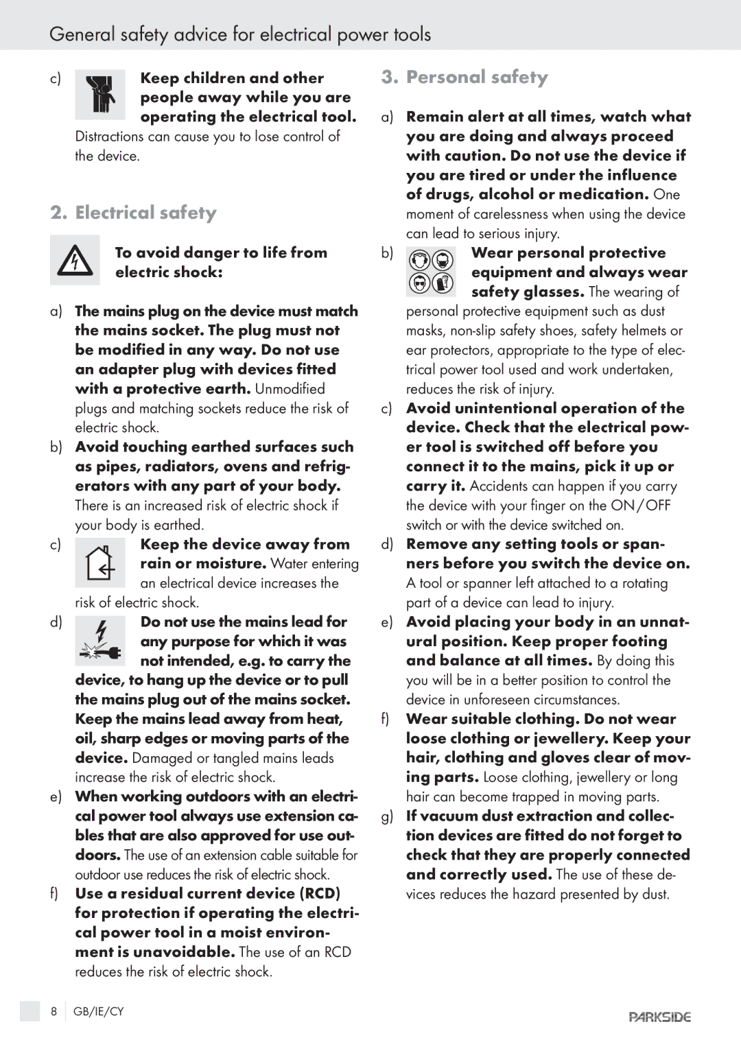 Kompernass PPHSS730 manual General safety advice for electrical power tools, Electrical safety, Personal safety 