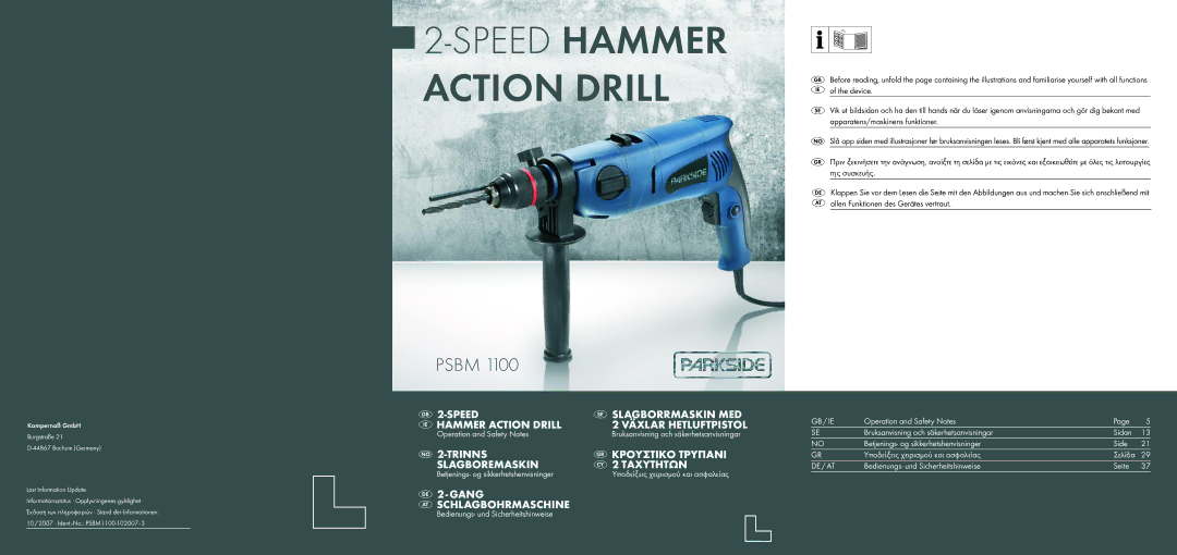 Kompernass PSBM 1100 manual Speed Hammer Action Drill 