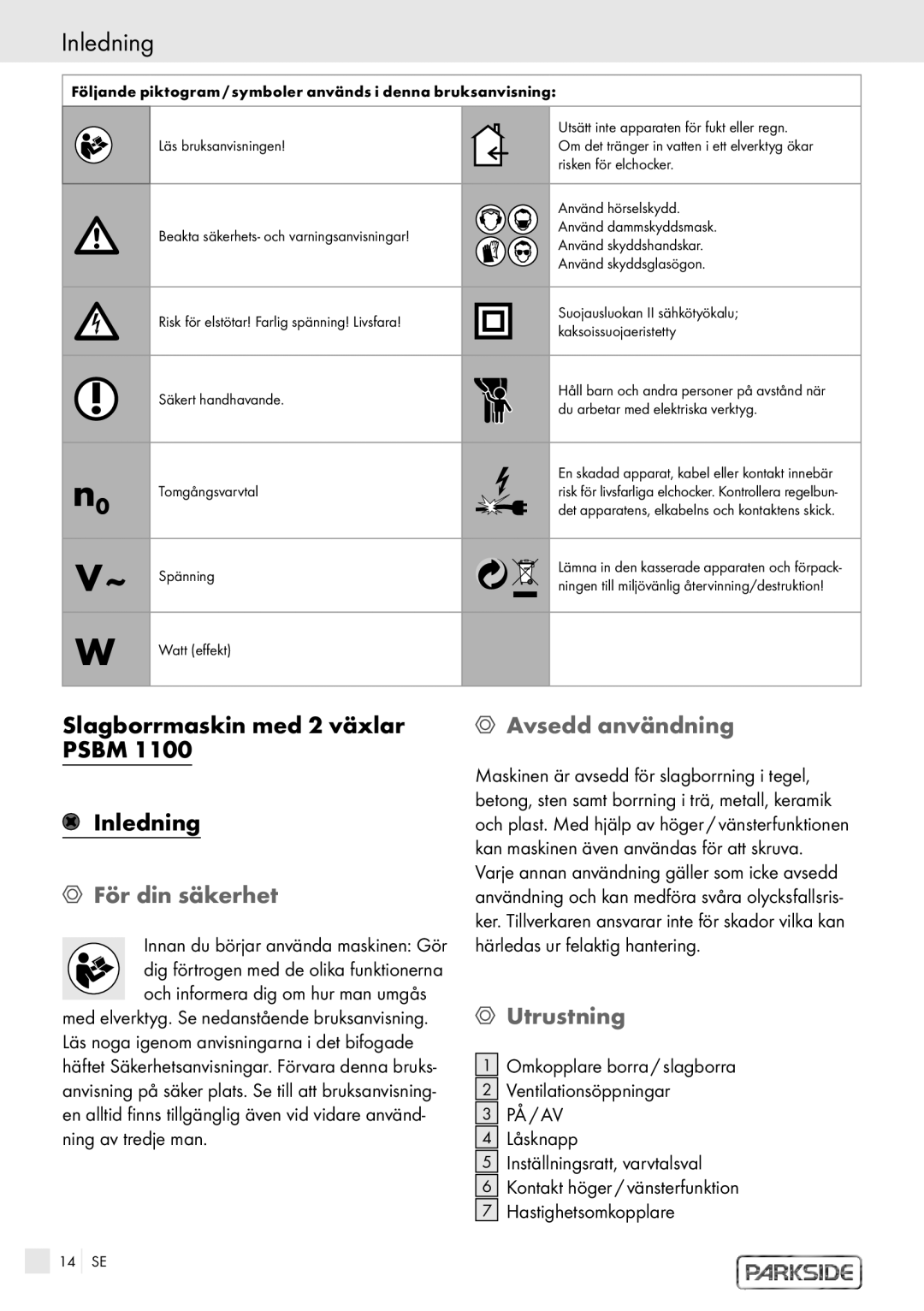 Kompernass PSBM 1100 manual Slagborrmaskin med 2 växlar Psbm Inledning, För din säkerhet, Avsedd användning, Utrustning 