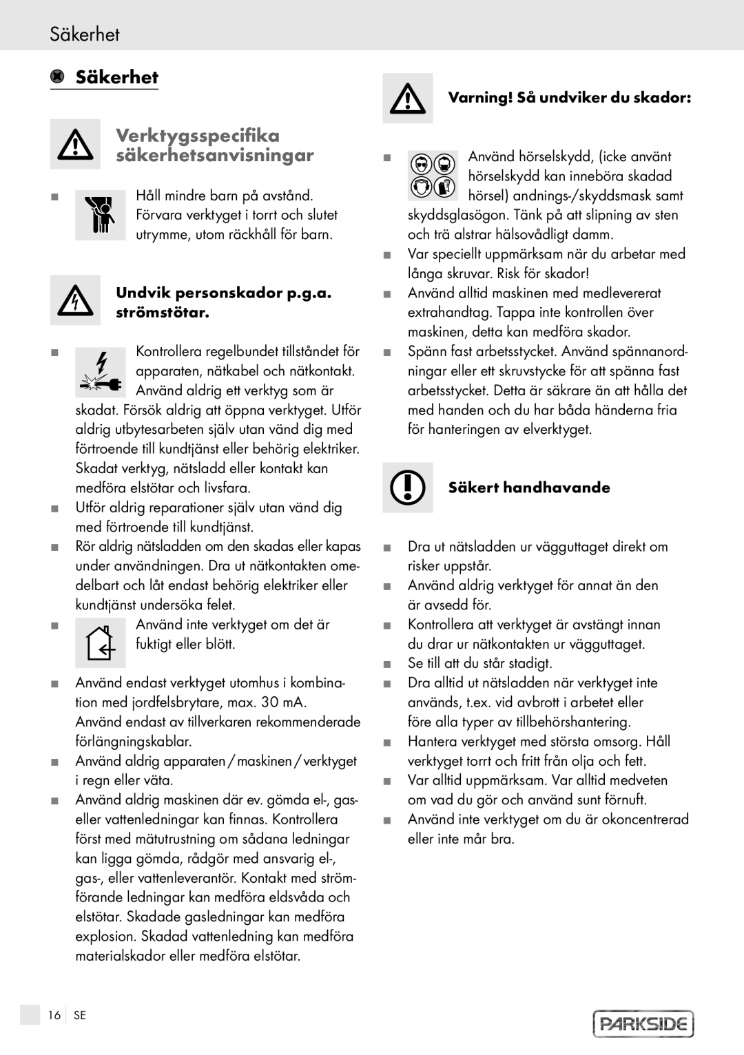 Kompernass PSBM 1100 manual Säkerhet, Verktygsspecifika säkerhetsanvisningar 