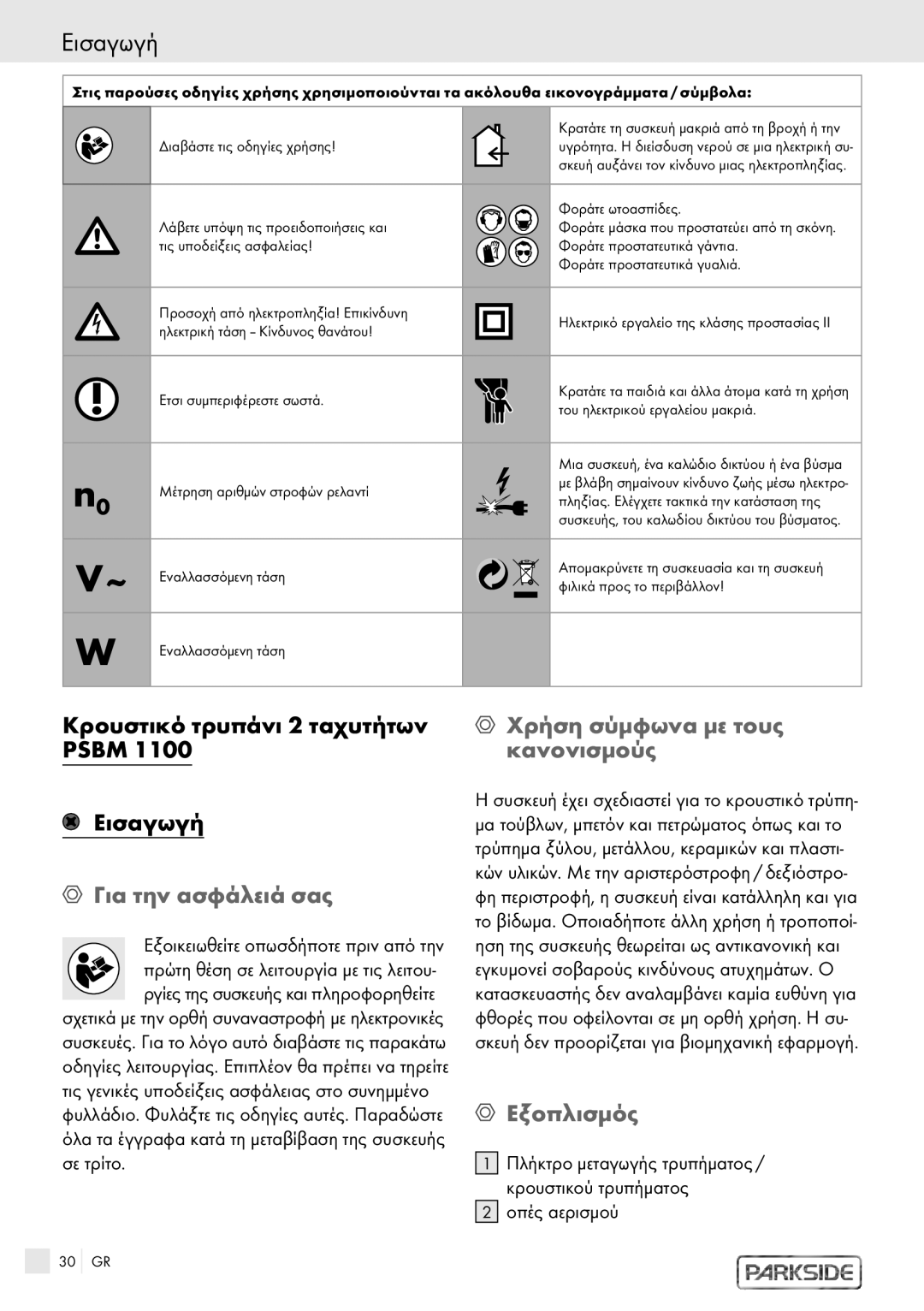 Kompernass PSBM 1100 manual Χρήση σύμφωνα με τους, Κανονισμούς, Για την ασφάλειά σας, Εξοπλισμός 