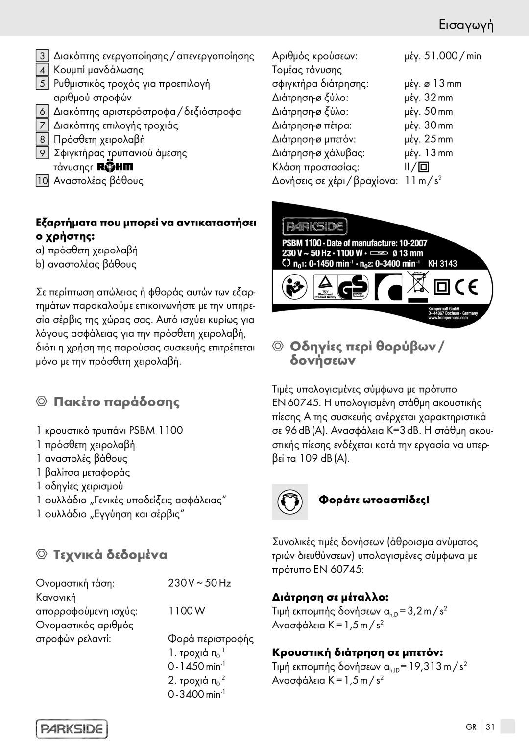 Kompernass PSBM 1100 manual Πακέτο παράδοσης, Τεχνικά δεδομένα, Οδηγίες περί θορύβων / δονήσεων 