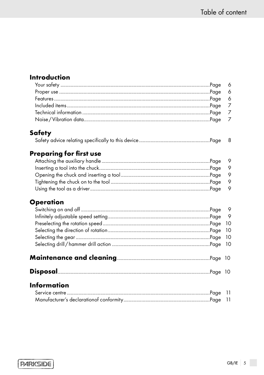 Kompernass PSBM 1100 manual Table of content 