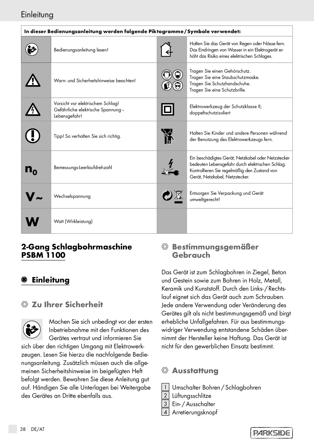 Kompernass PSBM 1100 manual Gang Schlagbohrmaschine Psbm Einleitung, Zu Ihrer Sicherheit, Bestimmungsgemäßer Gebrauch 