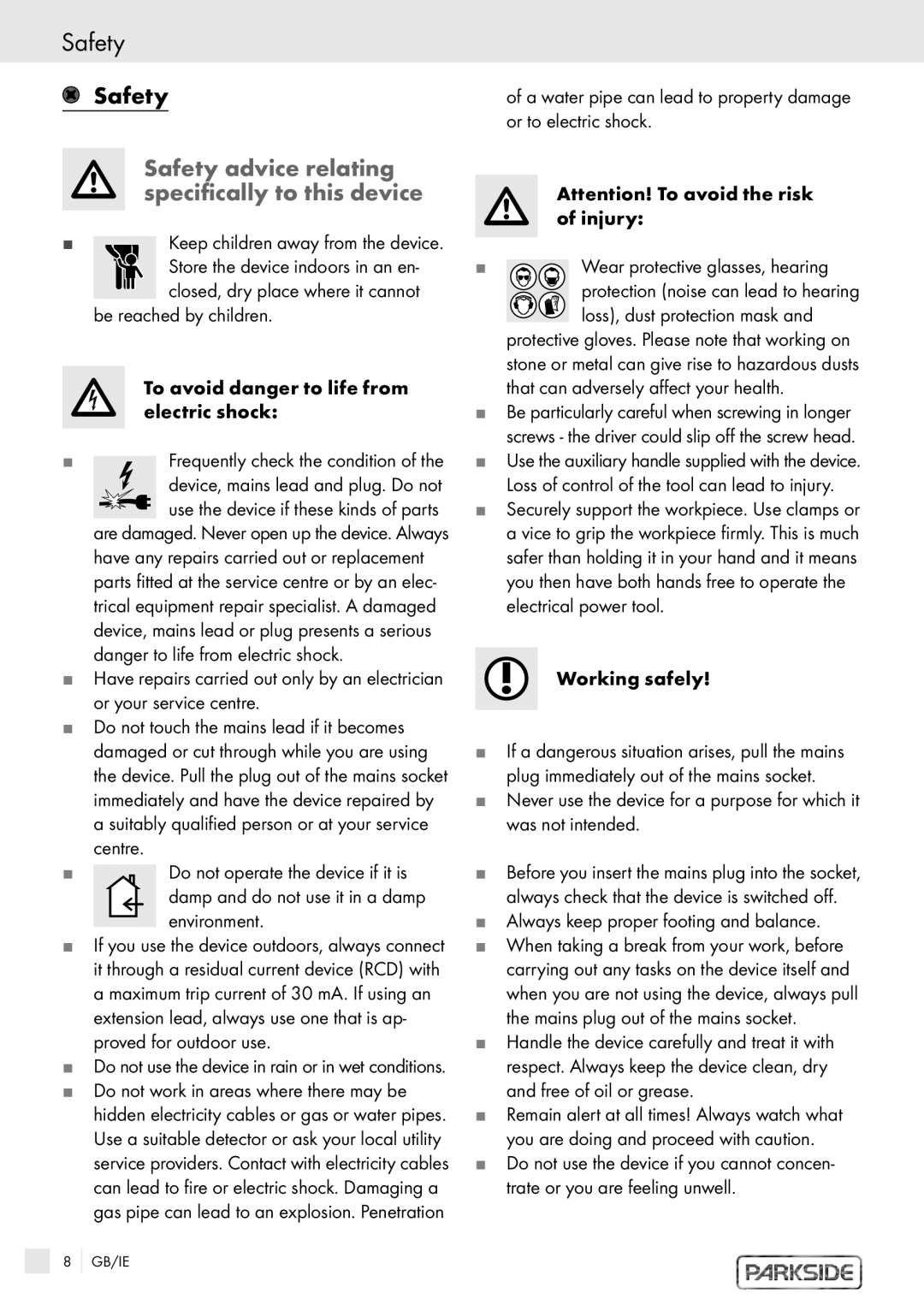 Kompernass PSBM 1100 manual Safety advice relating specifically to this device, Working safely 