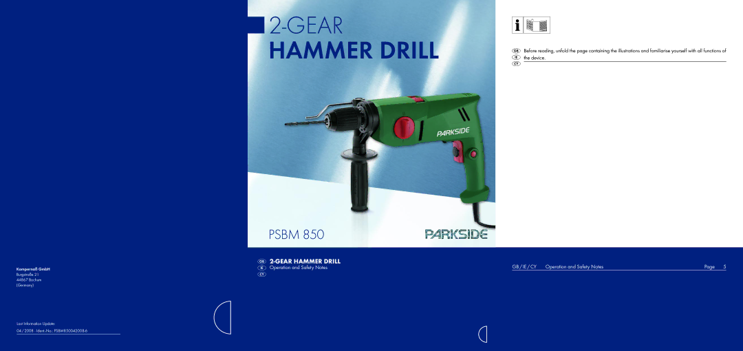 Kompernass PSBM 850 manual Gear Hammer Drill 