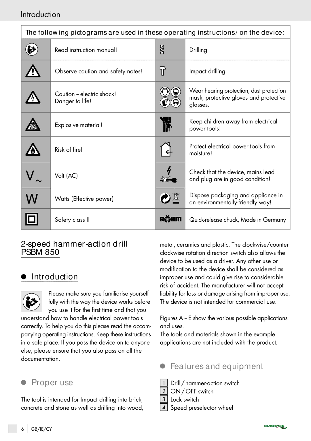 Kompernass PSBM 850 manual Speed hammer-action drill Psbm Introduction, Proper use, Features and equipment 
