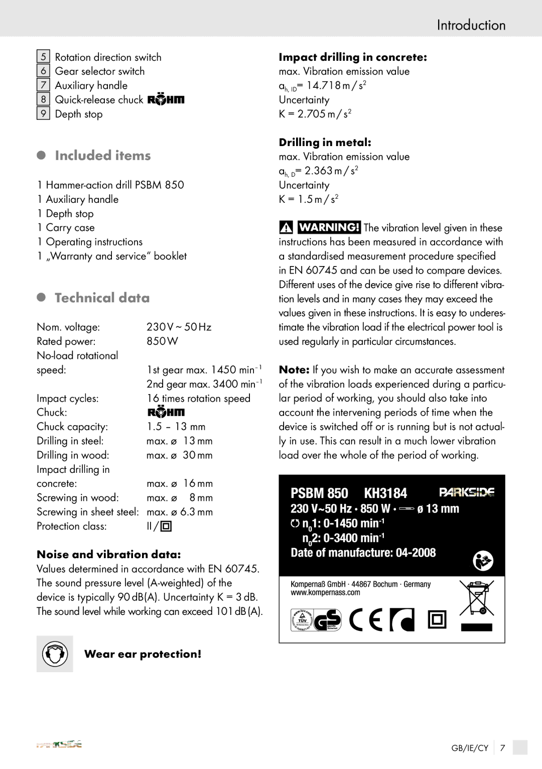 Kompernass PSBM 850 manual Included items, Technical data 