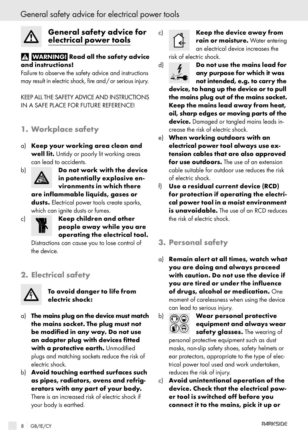 Kompernass PSBM 850 General safety advice for electrical power tools, Workplace safety, Electrical safety, Personal safety 