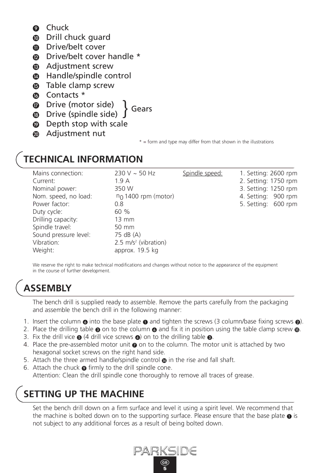 Kompernass PTBM 350-13 manual Technical Information, Assembly, Setting UP the Machine 