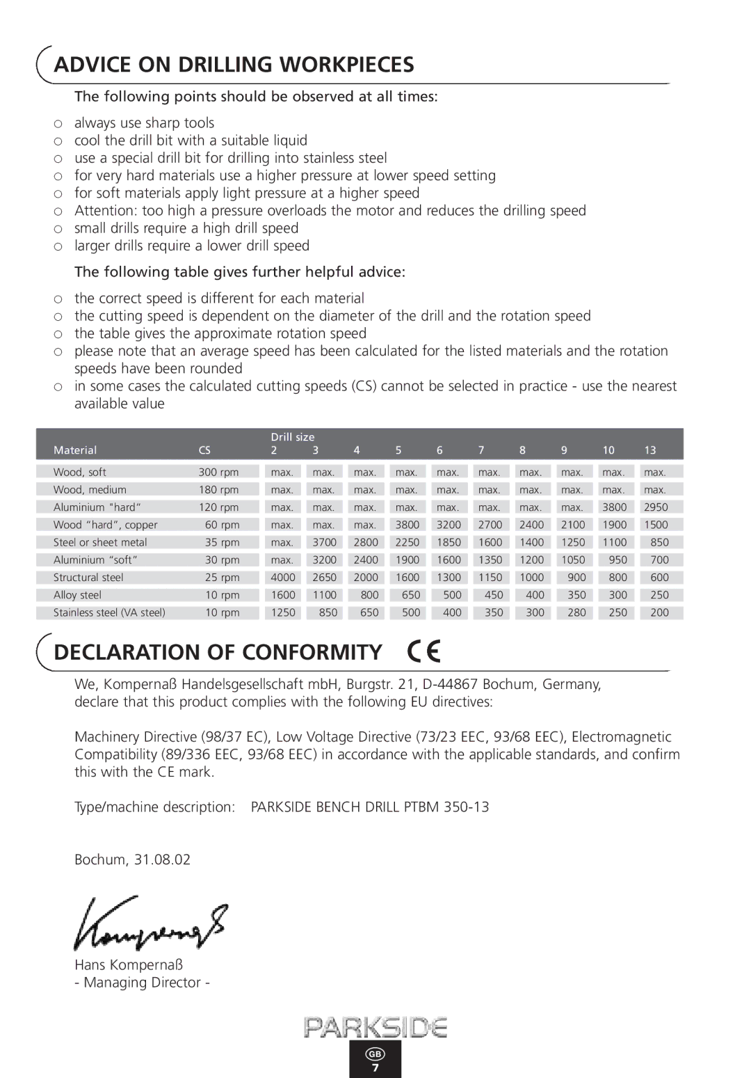 Kompernass PTBM 350-13 manual Advice on Drilling Workpieces, Declaration of Conformity 