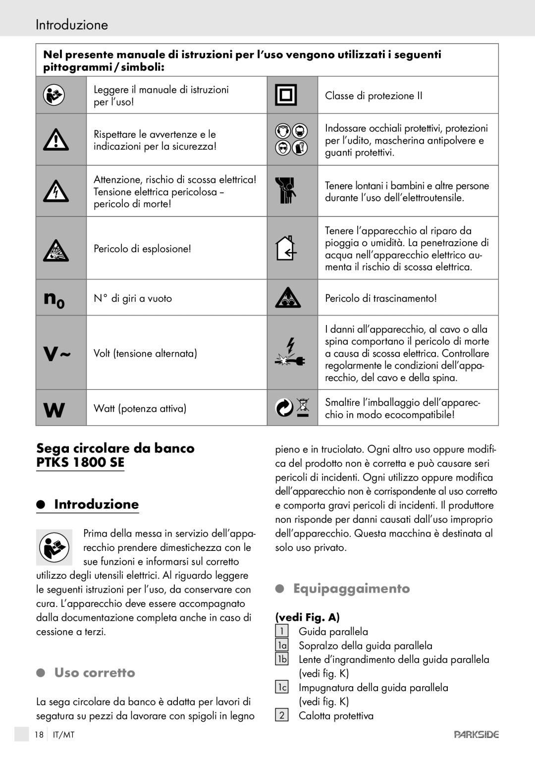 Kompernass PTKS 1800 SE manual Introduzione, Sega circolare da banco, Ptks 1800 SE, Equipaggaimento, Uso corretto 