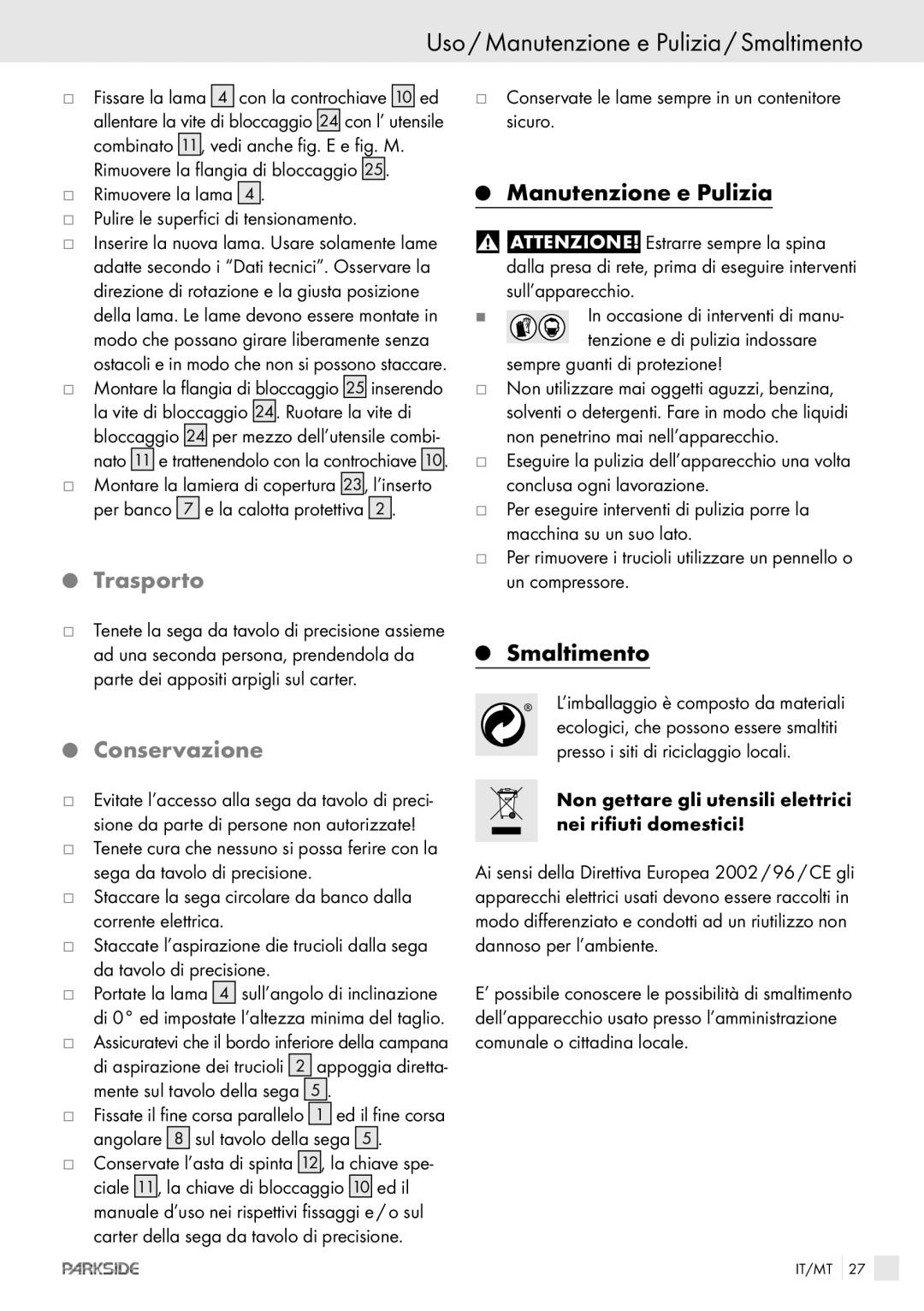 Kompernass PTKS 1800 SE manual Uso / Manutenzione e Pulizia / Smaltimento, Trasporto, Conservazione 