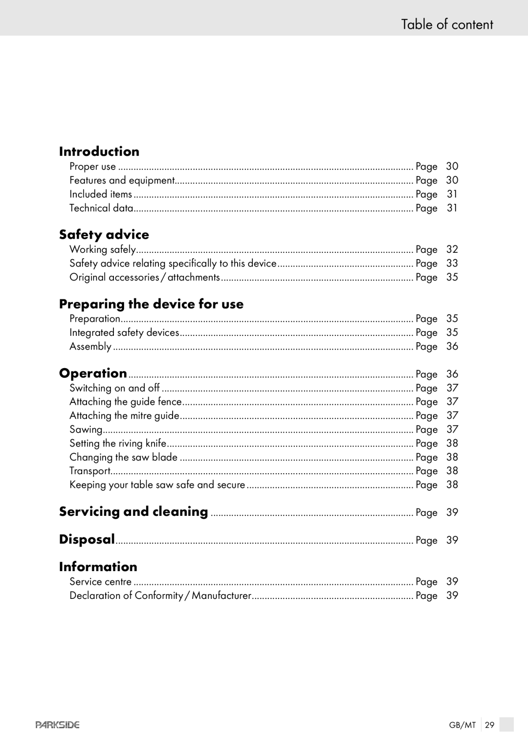 Kompernass PTKS 1800 SE manual Table of content, Introduction, Safety advice, Preparing the device for use, Information 