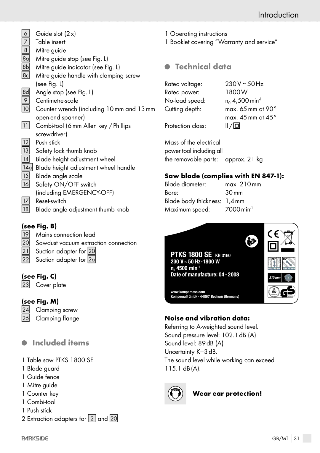 Kompernass PTKS 1800 SE manual Technical data, Included items 