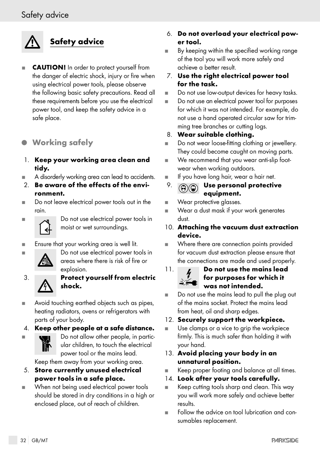 Kompernass PTKS 1800 SE manual Safety advice, Working safely 