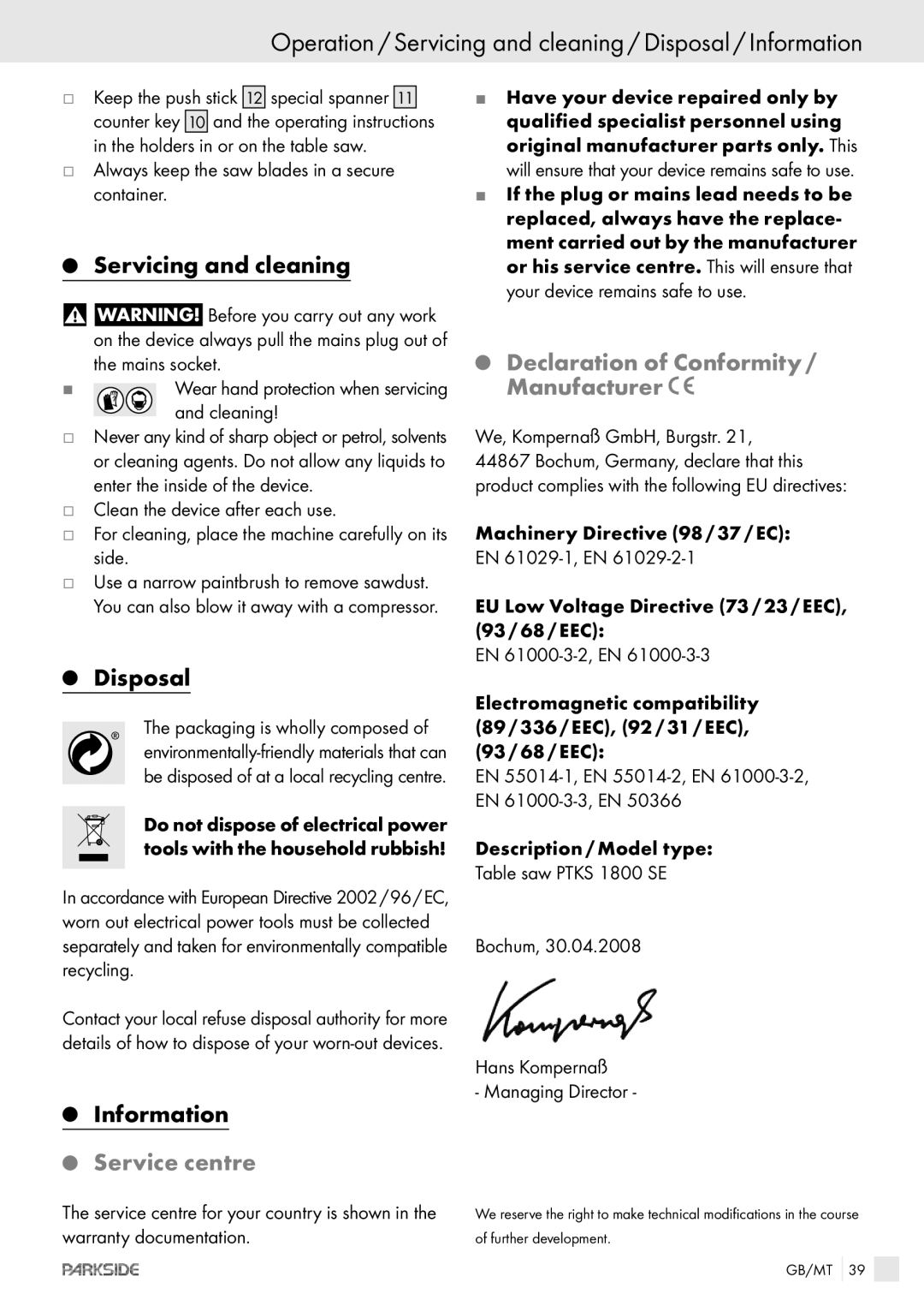 Kompernass PTKS 1800 SE manual Operation / Servicing and cleaning / Disposal / Information, Service centre 