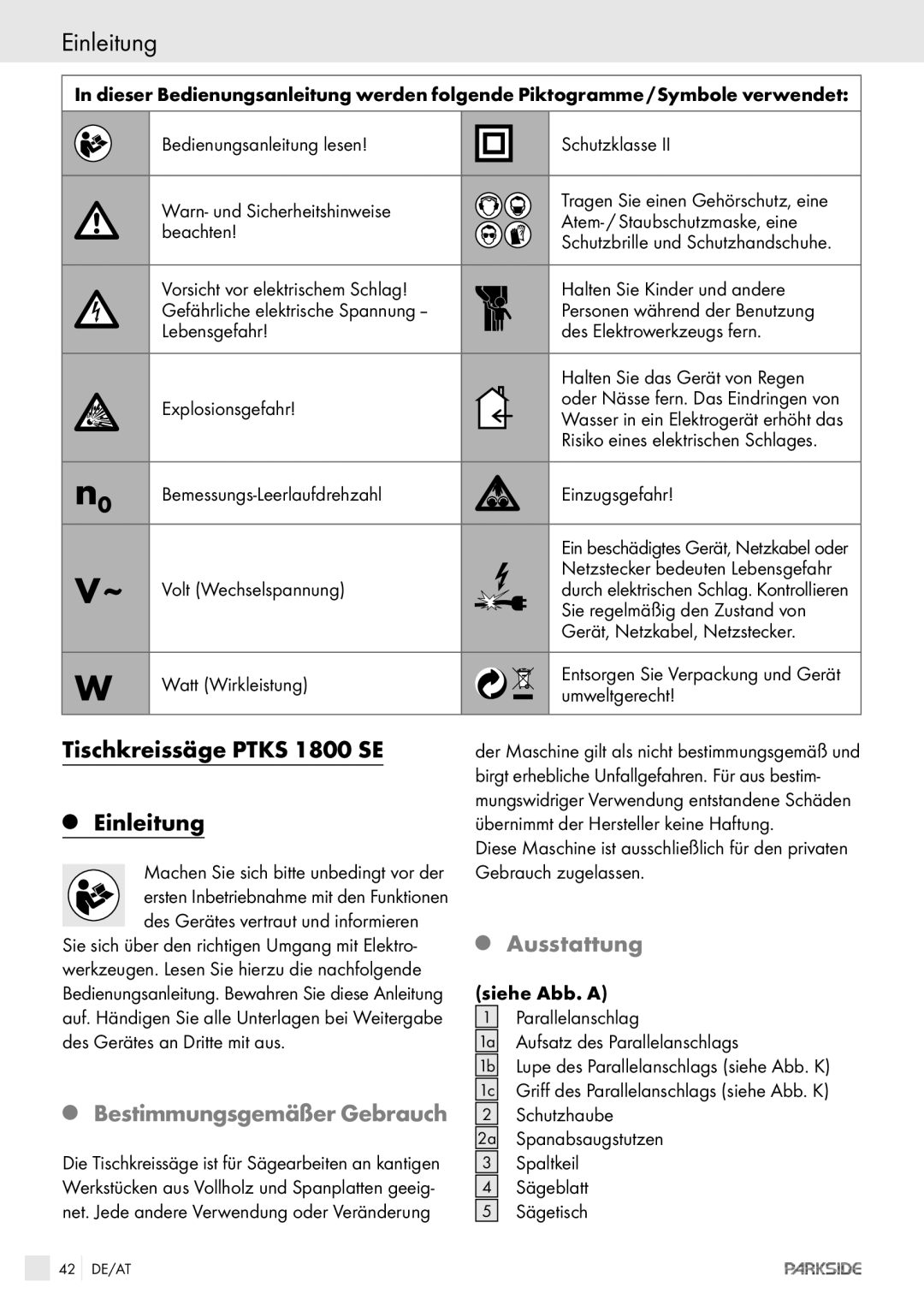 Kompernass PTKS 1800 SE manual Einleitung, Tischkreissäge Ptks 1800 SE, Ausstattung, Bestimmungsgemäßer Gebrauch 