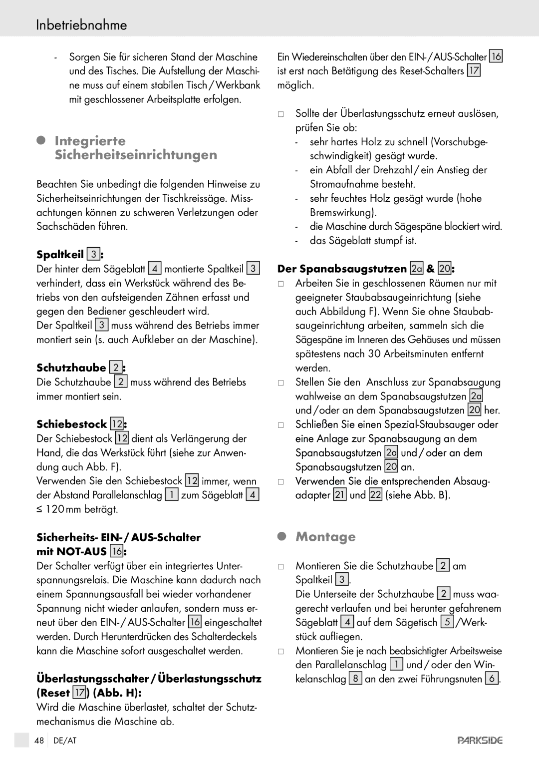 Kompernass PTKS 1800 SE manual Inbetriebnahme, Integrierte Sicherheitseinrichtungen, Montage 