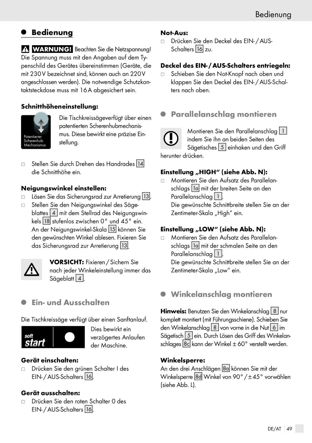 Kompernass PTKS 1800 SE manual Bedienung, Parallelanschlag montieren, Ein- und Ausschalten, Winkelanschlag montieren 