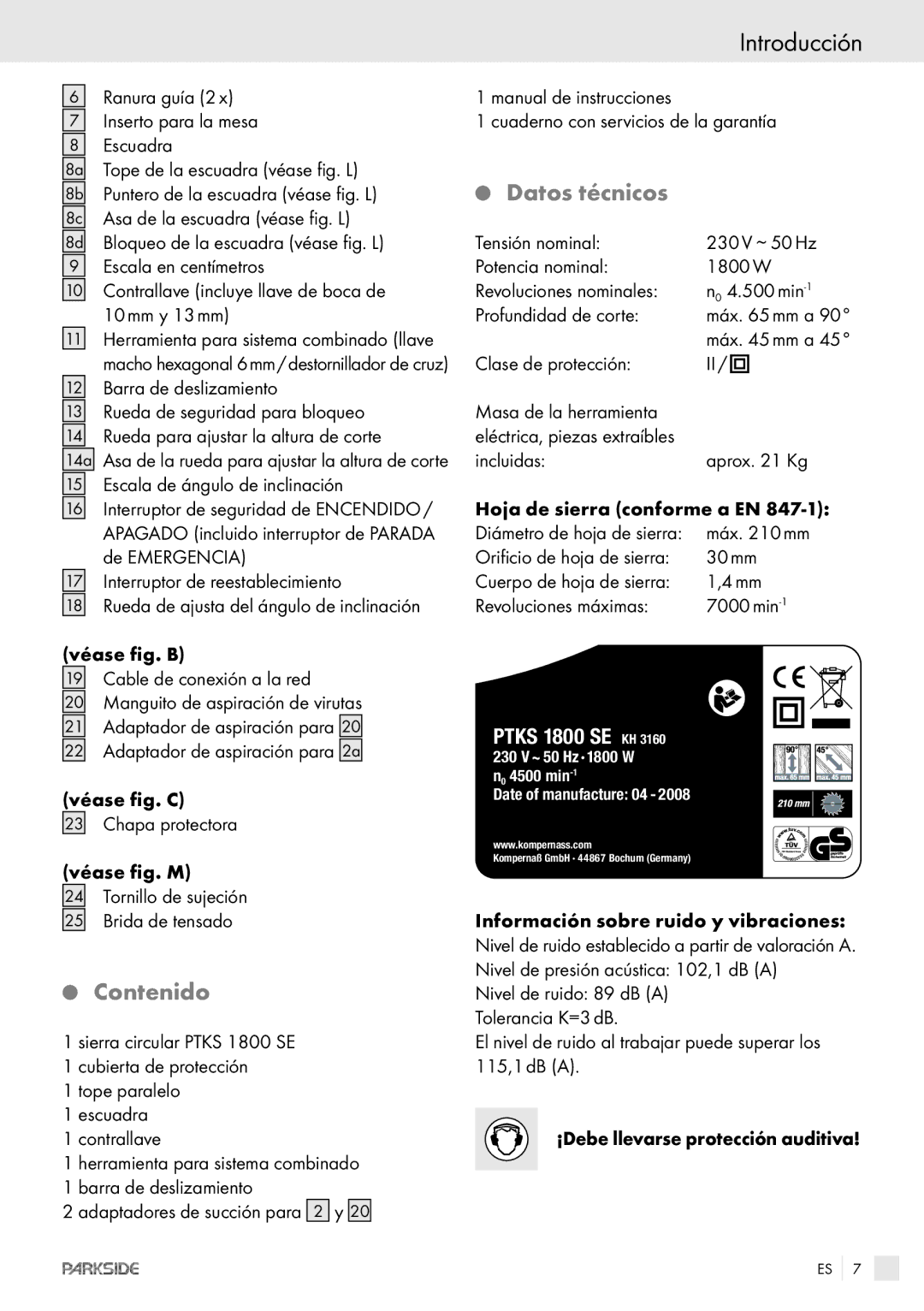 Kompernass PTKS 1800 SE manual Datos técnicos, Contenido 