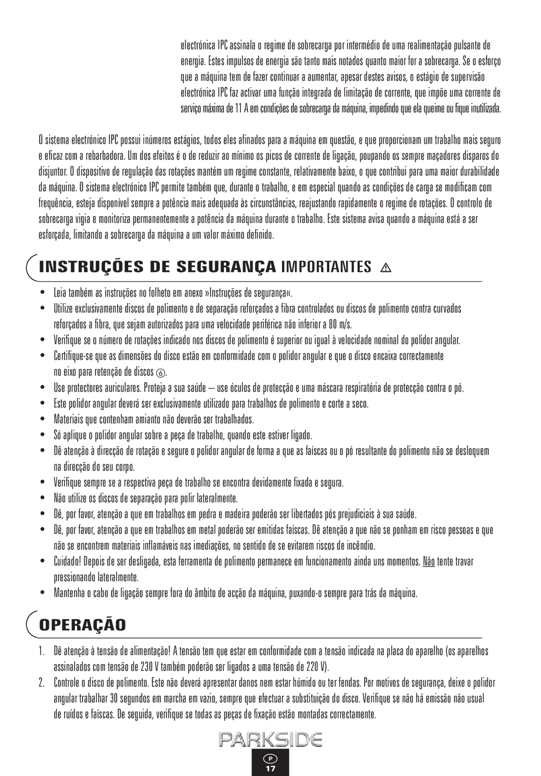 Kompernass PWS 1100 manual Instruções DE Segurança Importantes, Operação, No eixo para retenção de discos 