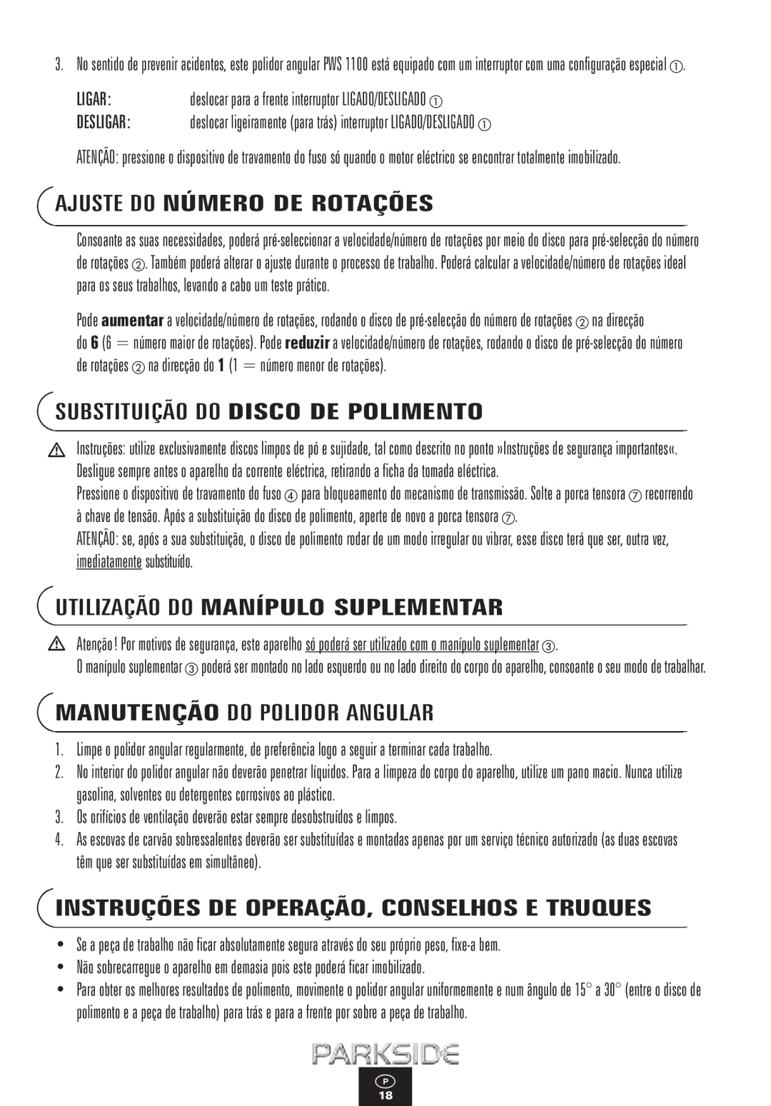 Kompernass PWS 1100 Ajuste do Número DE Rotações, Substituição do Disco DE Polimento, Utilização do Manípulo Suplementar 