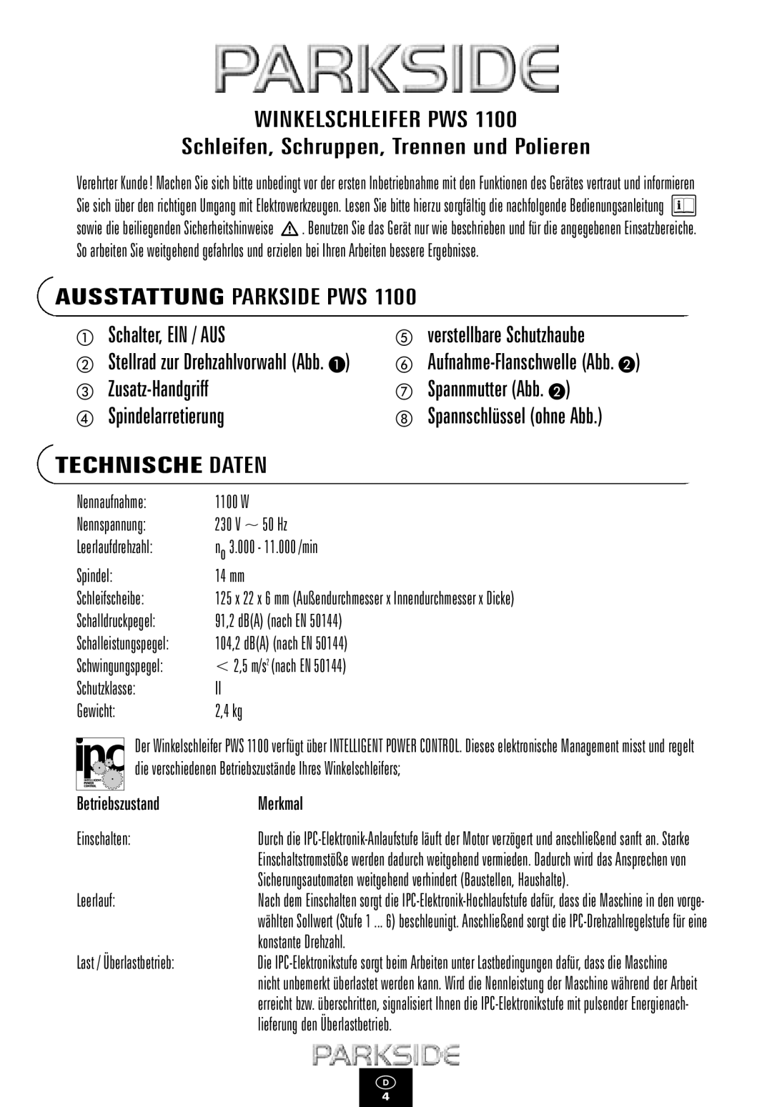 Kompernass PWS 1100 manual Winkelschleifer PWS, Technische Daten 