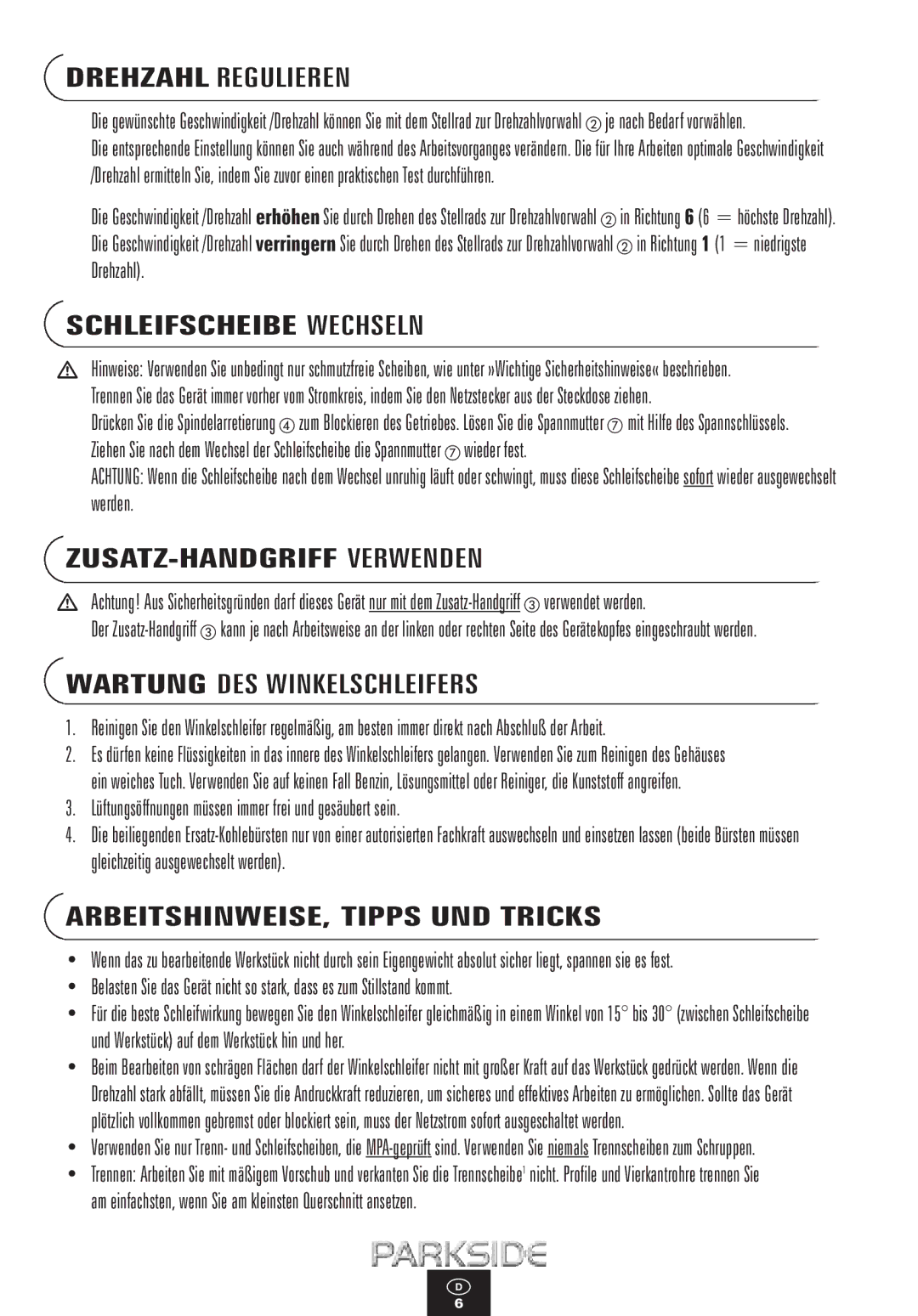 Kompernass PWS 1100 Drehzahl Regulieren, Schleifscheibe Wechseln, ZUSATZ-HANDGRIFF Verwenden, Wartung DES Winkelschleifers 