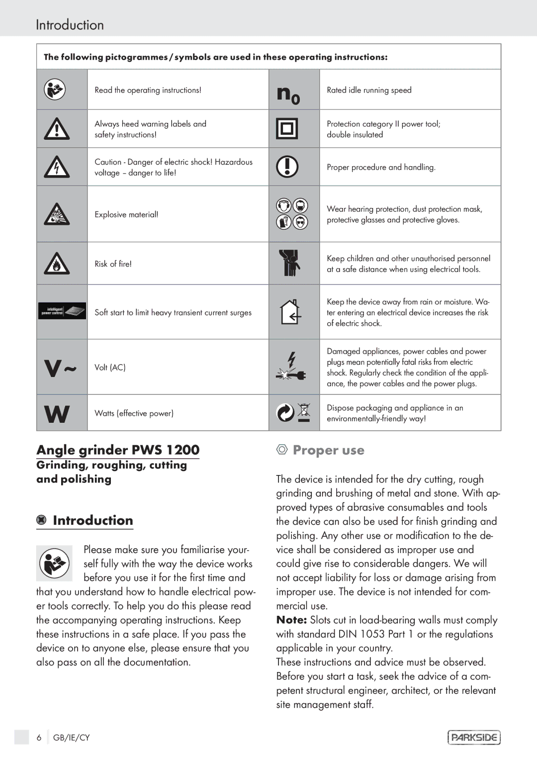 Kompernass PWS 1200 manual Introduction, Proper use, Grinding, roughing, cutting and polishing 