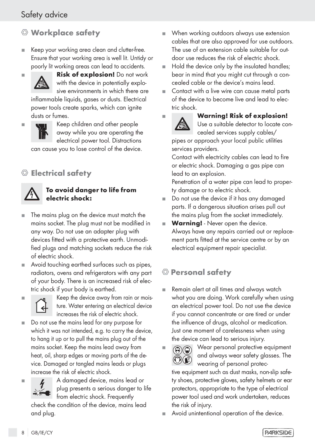 Kompernass PWS 1200 manual Safety advice, Workplace safety, Electrical safety, Personal safety 