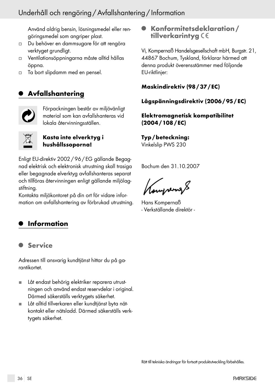 Kompernass PWS 230 Underhåll och rengöring / Avfallshantering / Information, Konformitetsdeklaration / tillverkarintyg 