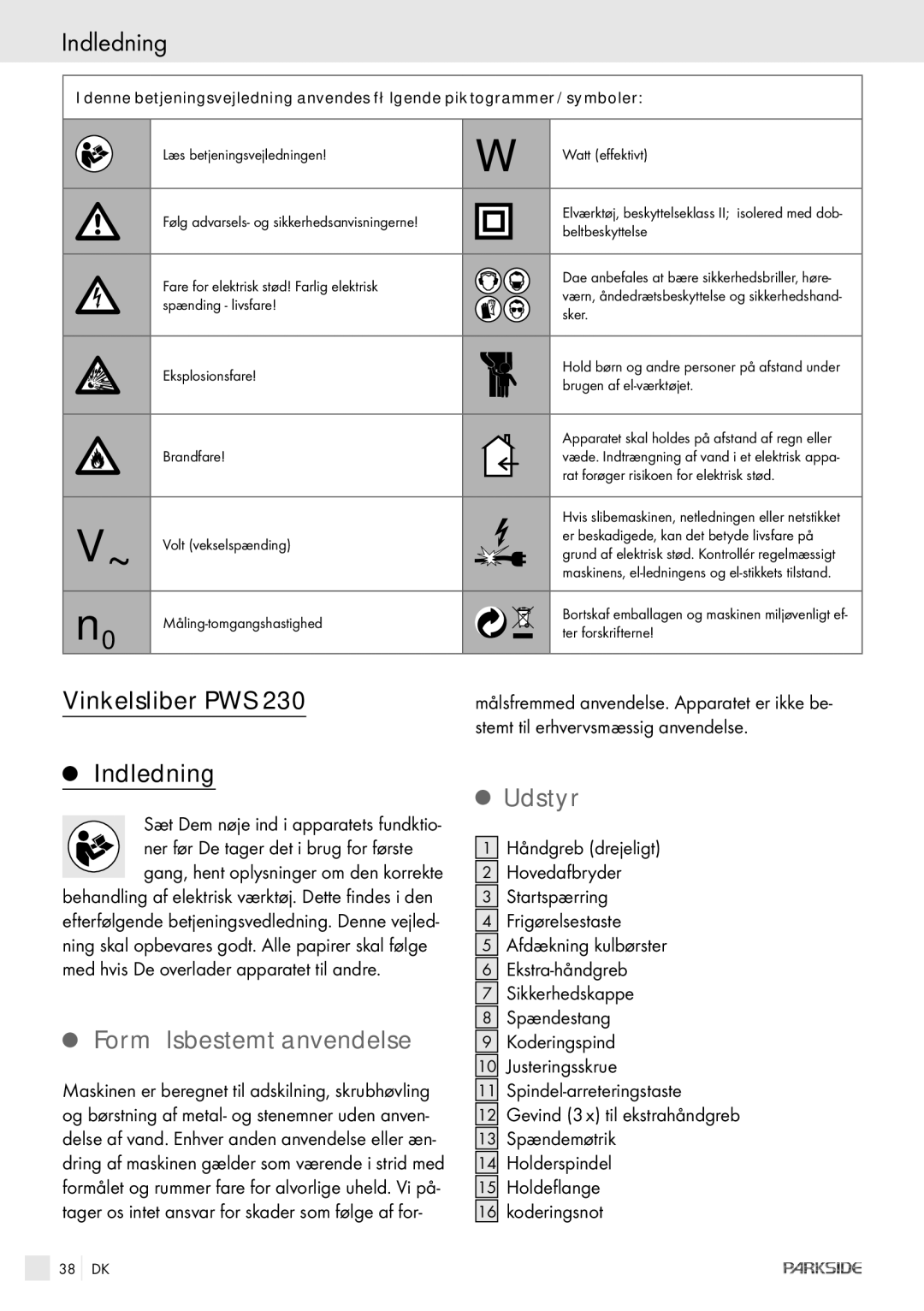 Kompernass PWS 230 manual Vinkelsliber PWS Indledning, Formålsbestemt anvendelse, Udstyr 