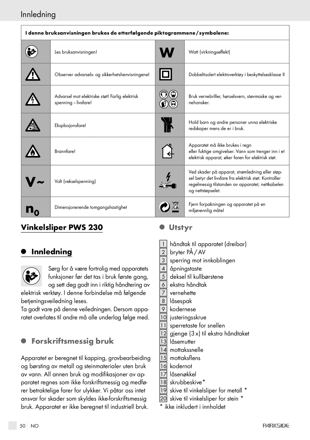 Kompernass PWS 230 manual Innledning, Vinkelsliper PWS, Utstyr, Forskriftsmessig bruk 