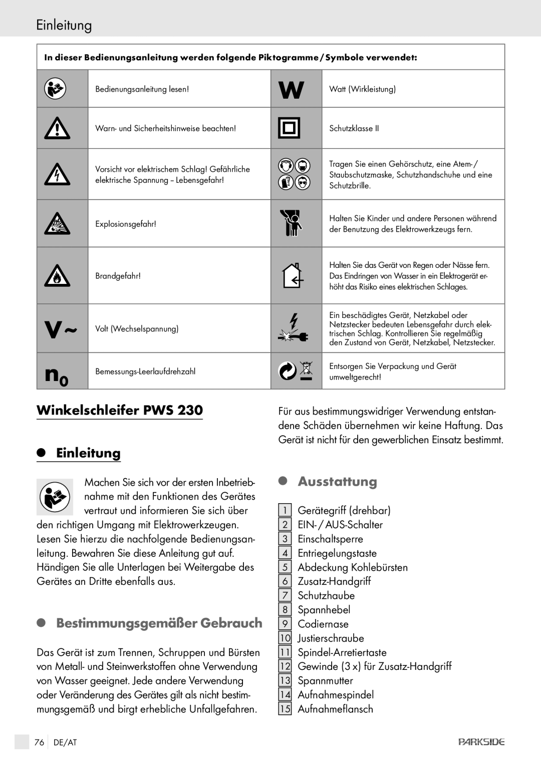 Kompernass PWS 230 manual Winkelschleifer PWS Einleitung, Bestimmungsgemäßer Gebrauch, Ausstattung 