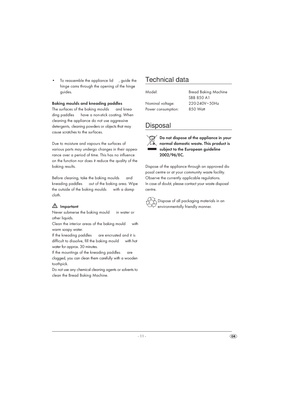 Kompernass SBB 850 A1 manual Technical data, Disposal 