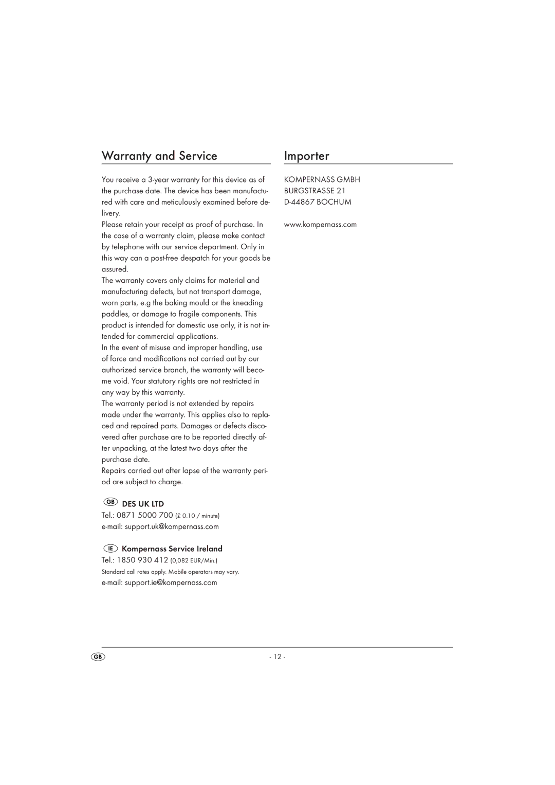 Kompernass SBB 850 A1 manual Warranty and Service Importer 