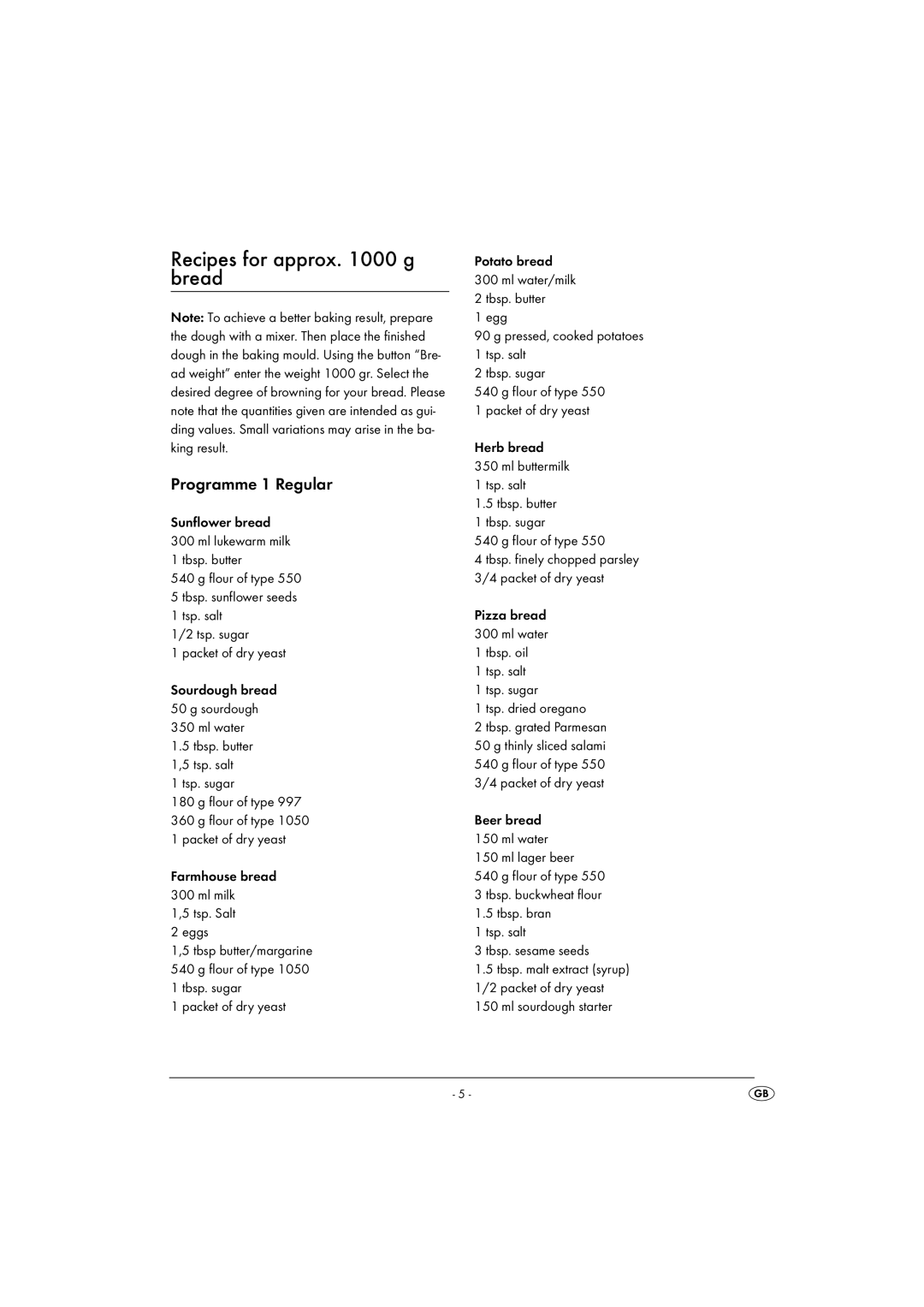 Kompernass SBB 850 A1 manual Recipes for approx g, Bread, Programme 1 Regular 