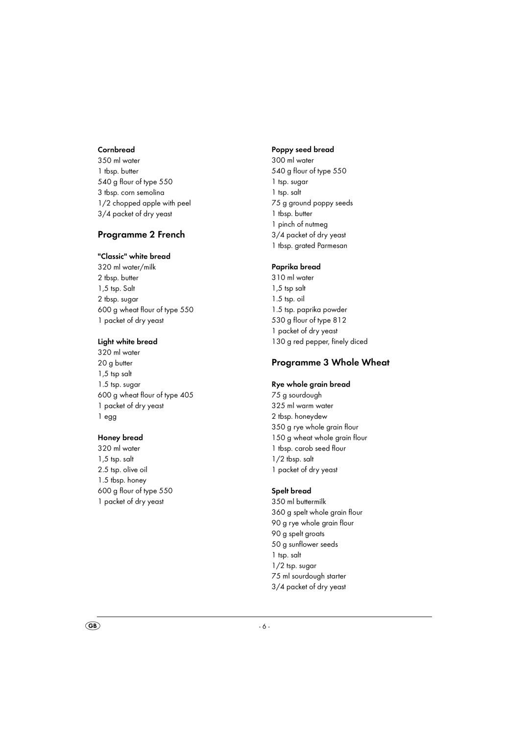 Kompernass SBB 850 A1 manual Programme 2 French, Programme 3 Whole Wheat 