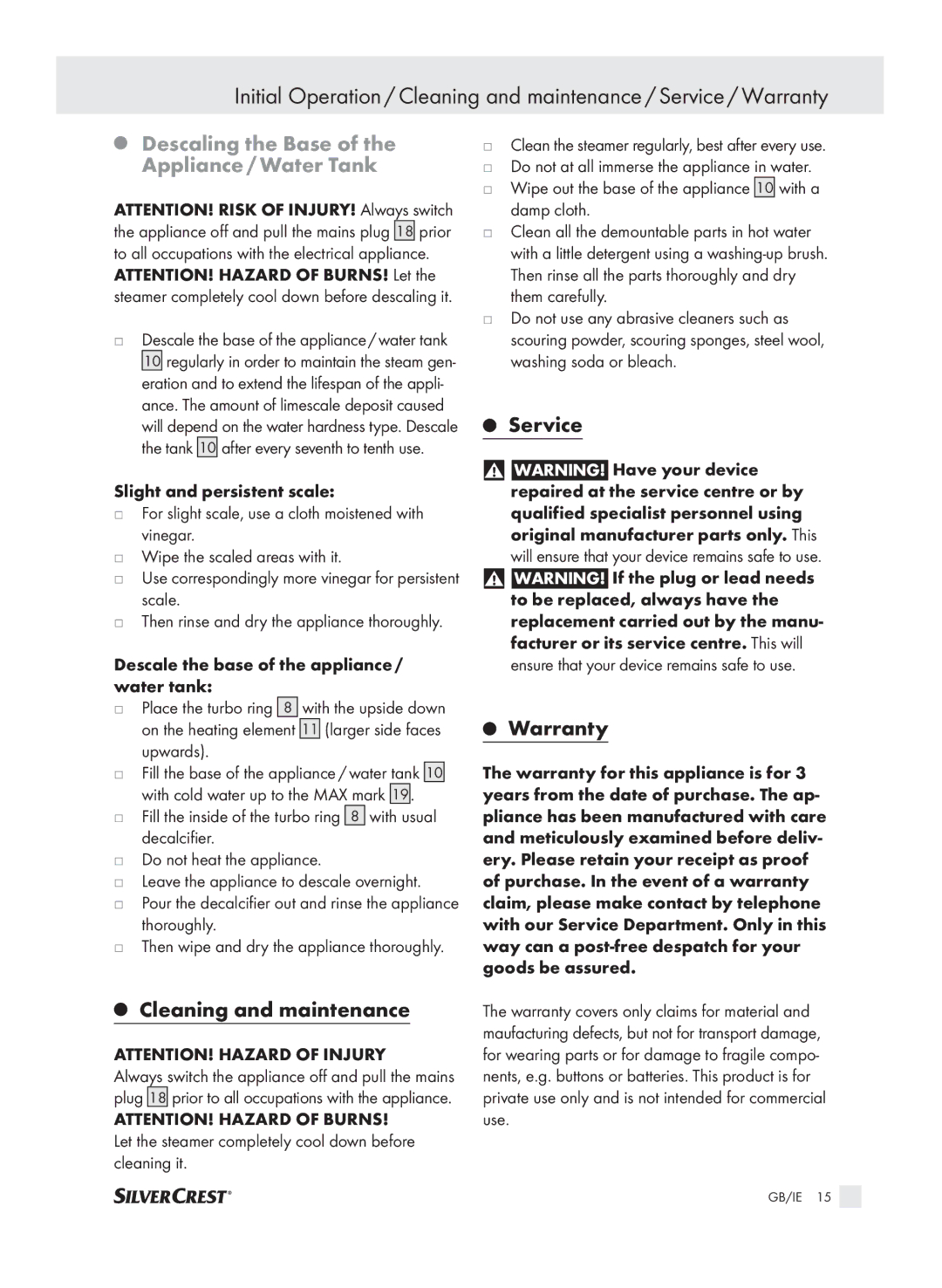 Kompernass SDG 800 A1 manual Descalingthe Base of the Appliance / Water Tank, Cleaningand maintenance, Service Warranty 