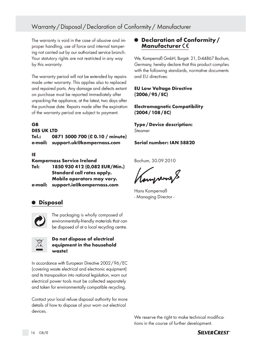 Kompernass SDG 800 A1 manual Disposal Declaration of Conformity / Manufacturer 