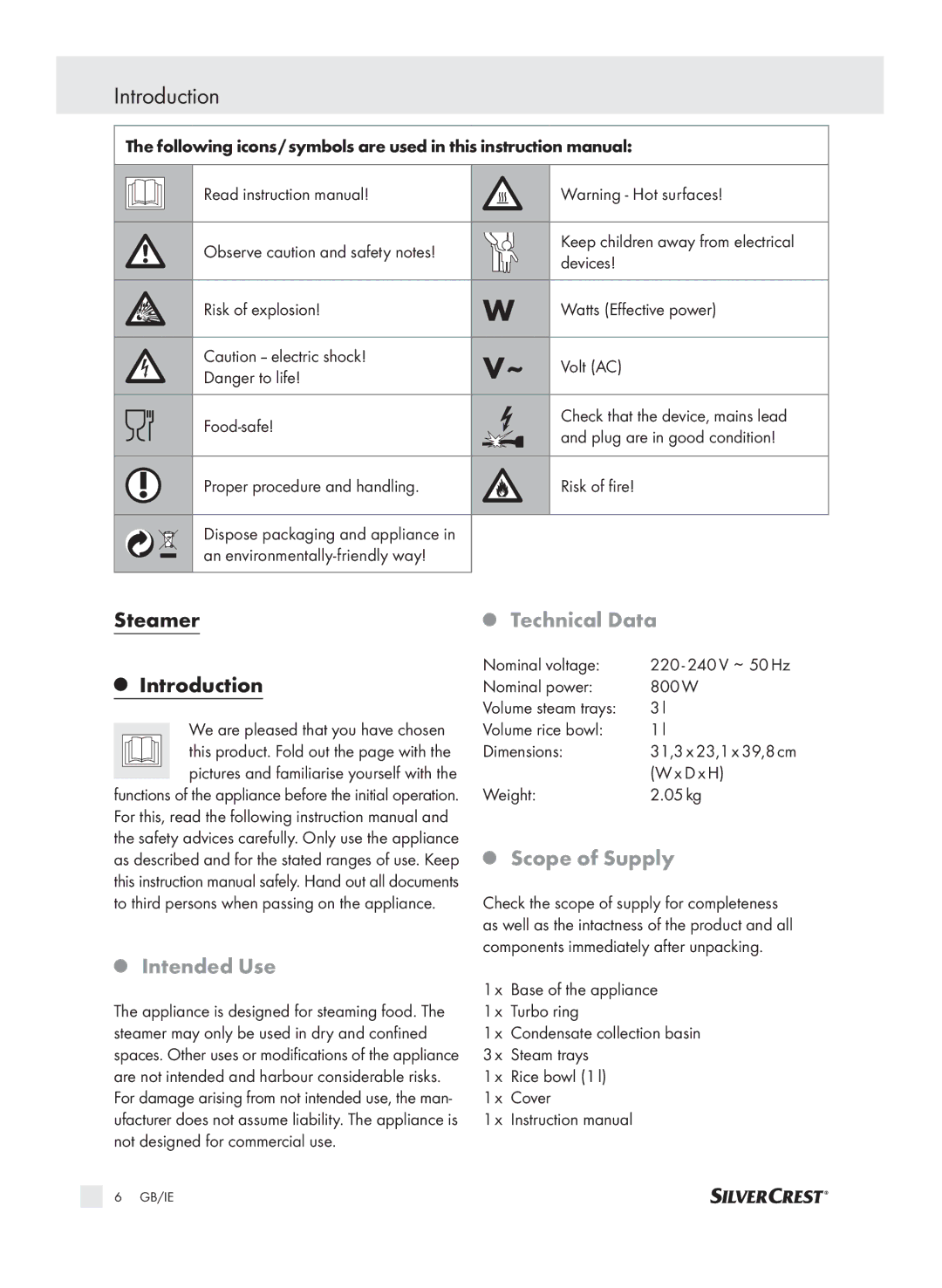 Kompernass SDG 800 A1 manual Steamer Introduction, IntendedUse, Technical Data, Scope of Supply 