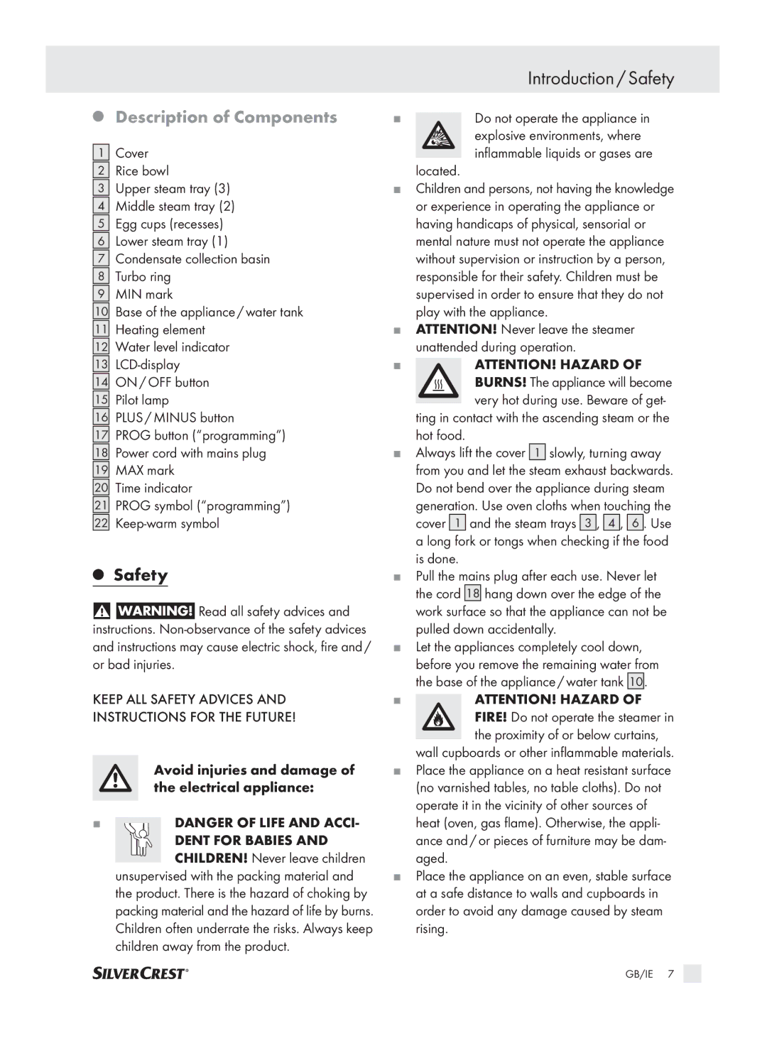 Kompernass SDG 800 A1 manual Descriptionof Components, Safety 