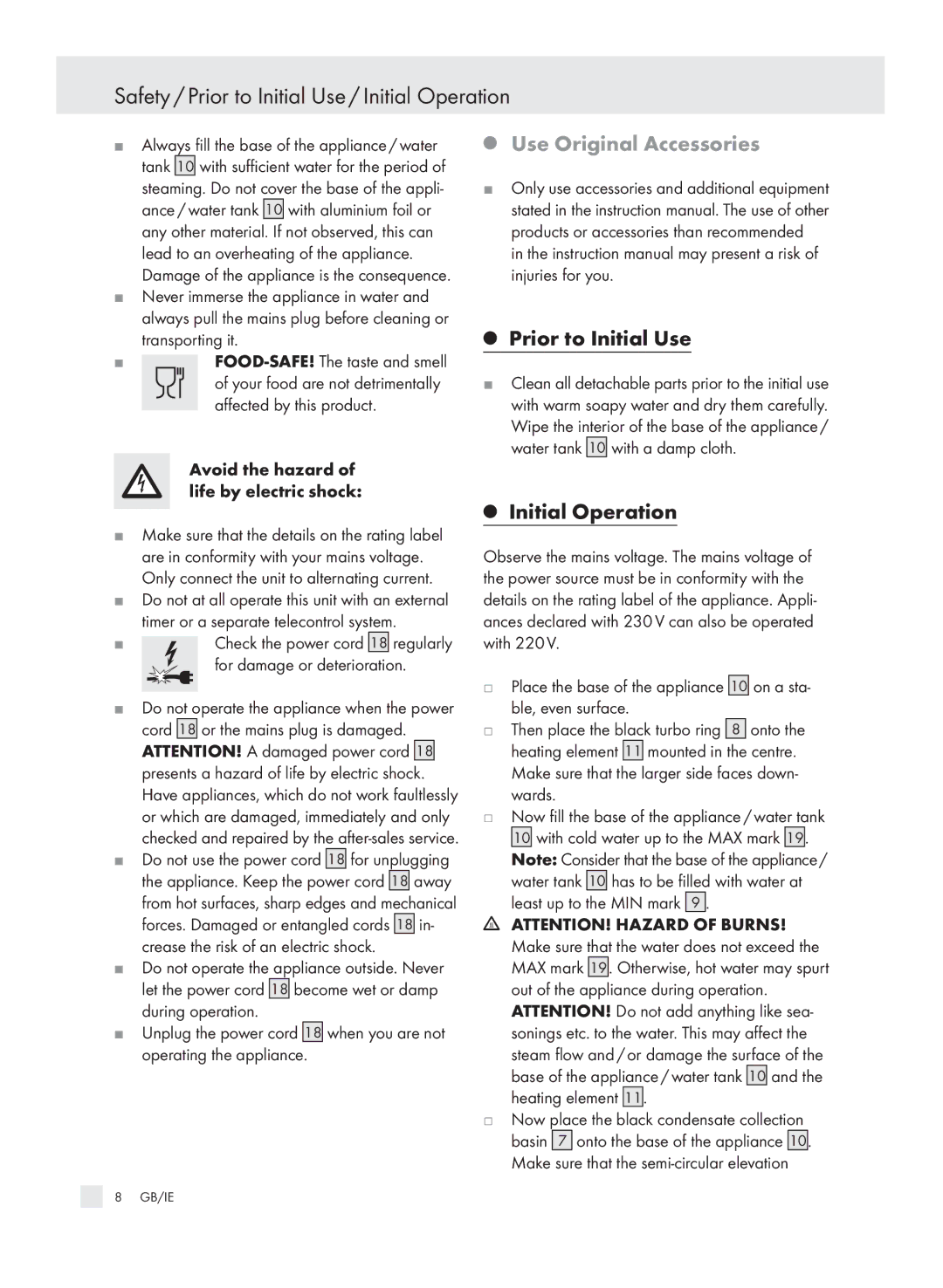 Kompernass SDG 800 A1 Safety / Prior to Initial Use / Initial Operation, Use Original Accessories, Prior to Initial Use 