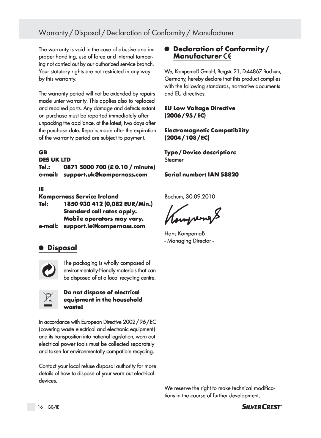 Kompernass SDG 800 A1 manual Warranty / Disposal / Declaration of Conformity / Manufacturer, Q Disposal 