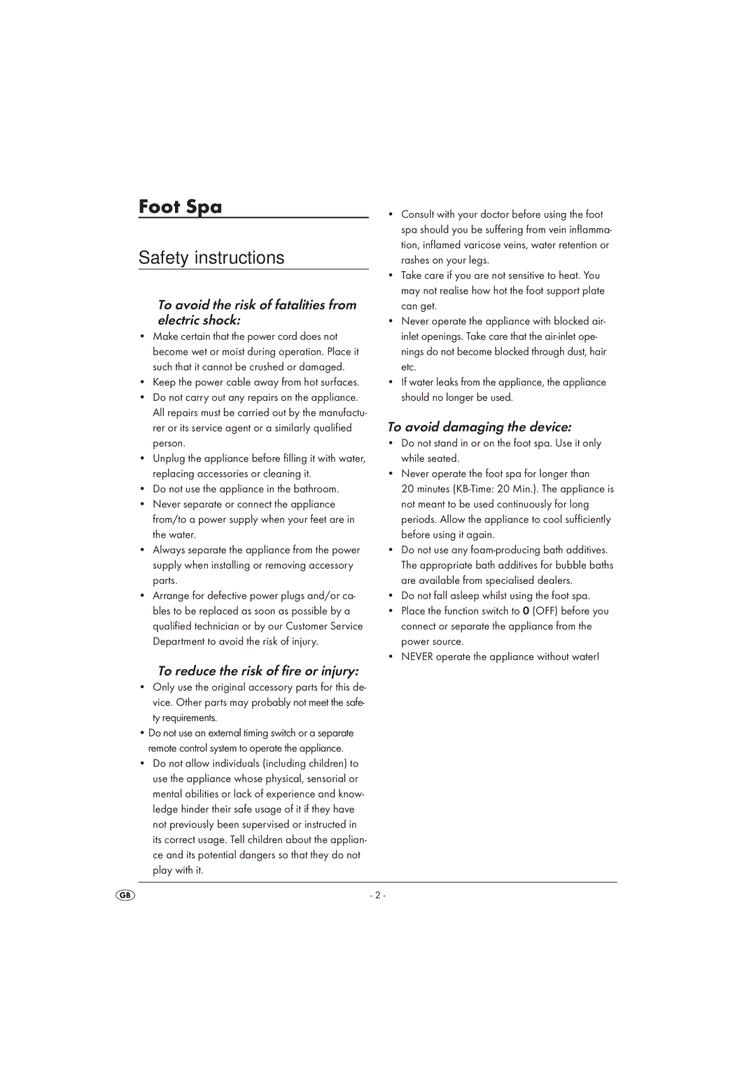 Kompernass SFB 85 A1 operating instructions Foot Spa, Safety instructions 