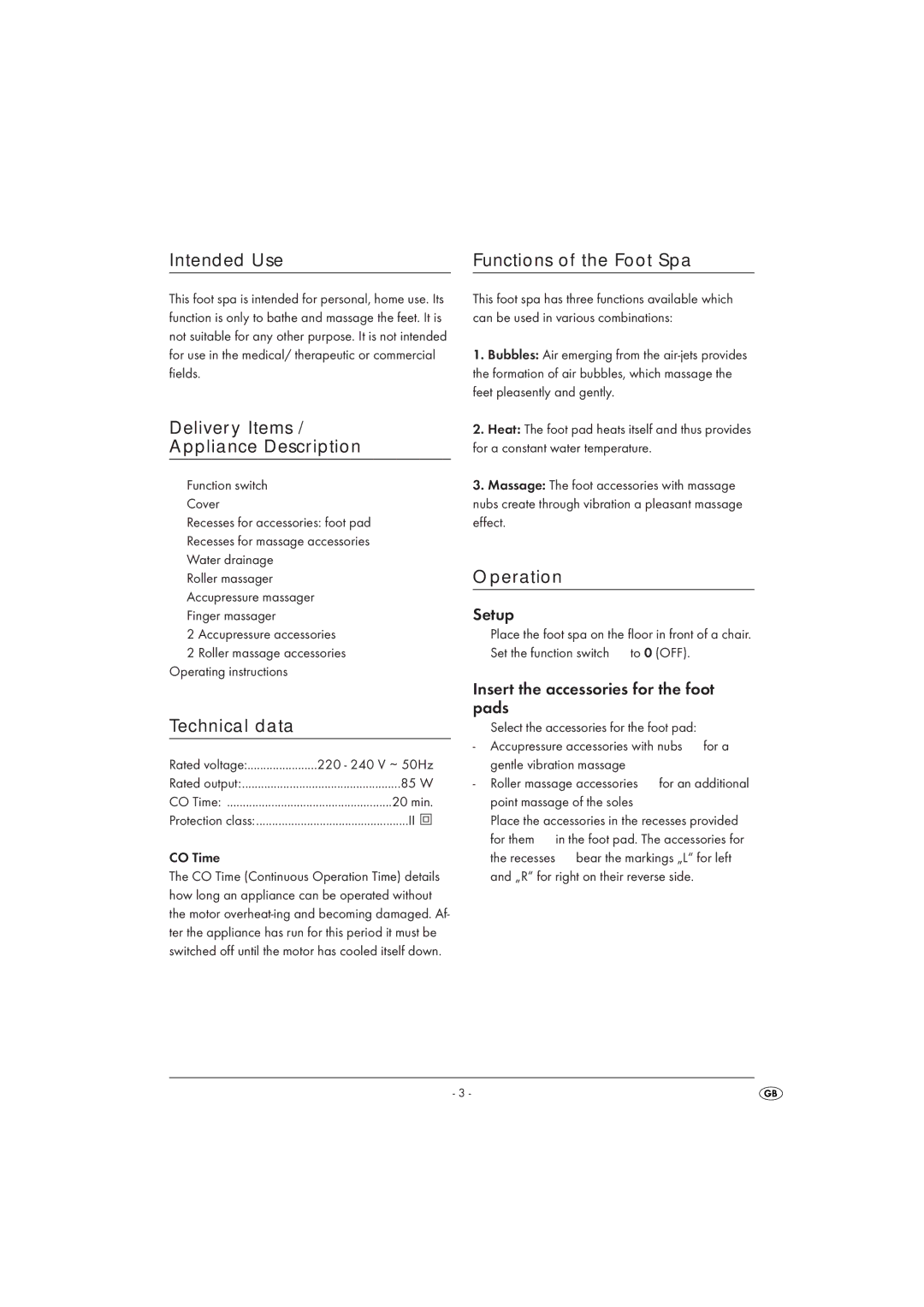 Kompernass SFB 85 A1 Intended Use, Delivery Items Appliance Description, Technical data, Functions of the Foot Spa 