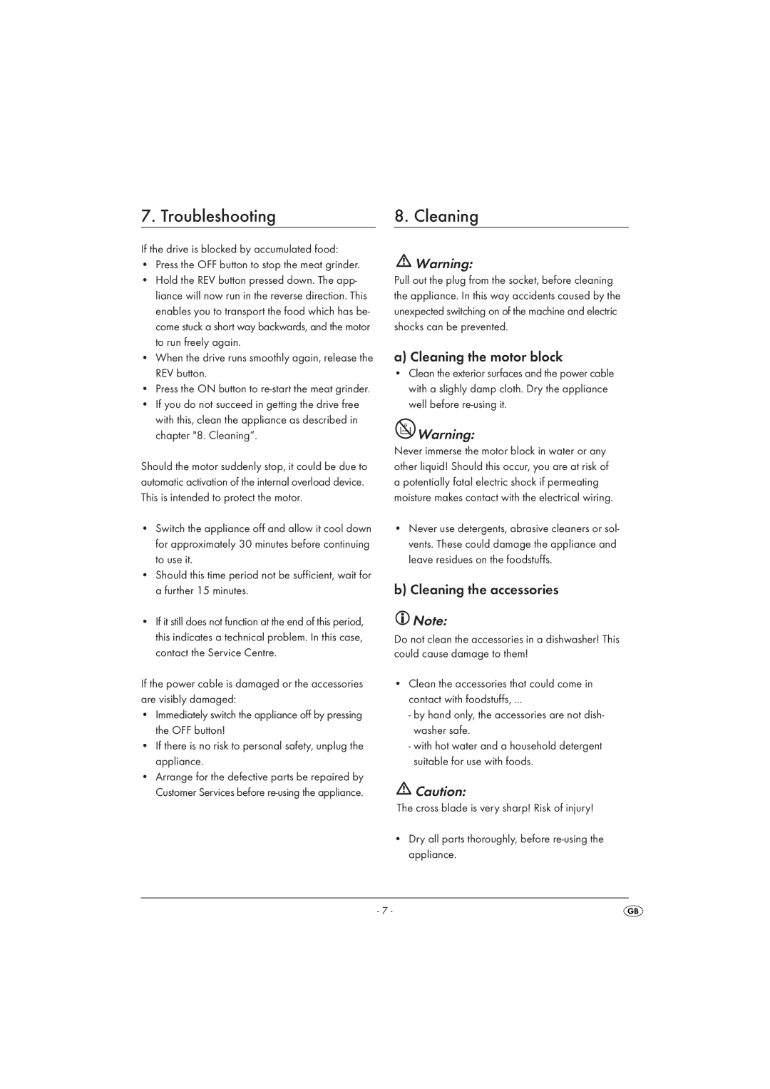 Kompernass SFW 250 A1 manual Troubleshooting Cleaning, Cleaning the motor block, Cleaning the accessories 