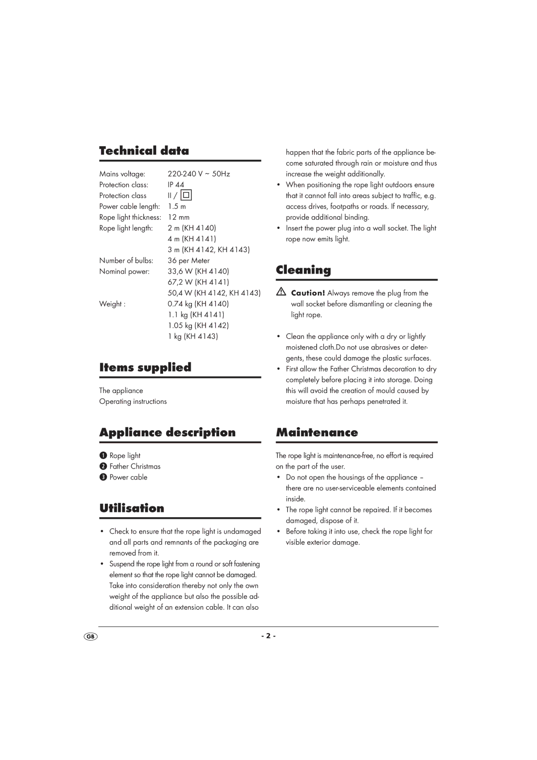 Kompernass SPOEB1013-100 Technical data, Cleaning, Items supplied, Appliance description Maintenance, Utilisation 