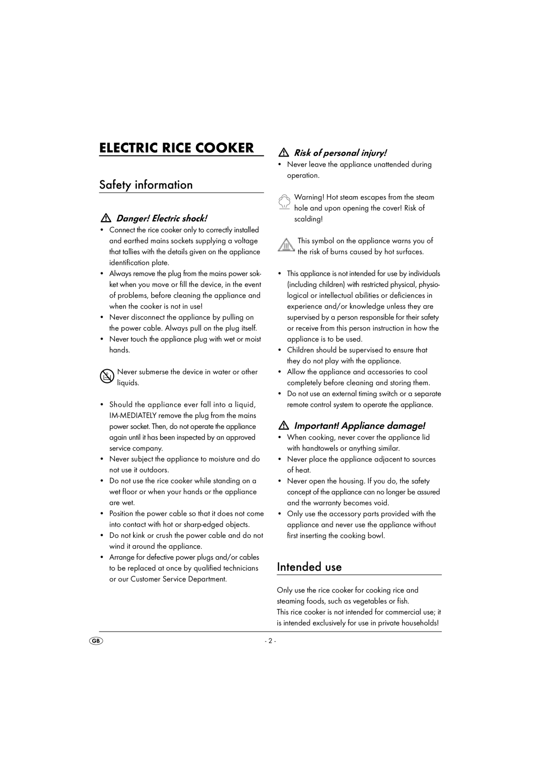 Kompernass SRK 700 A16 manual Electric Rice Cooker, Safety information, Intended use, Danger! Electric shock 